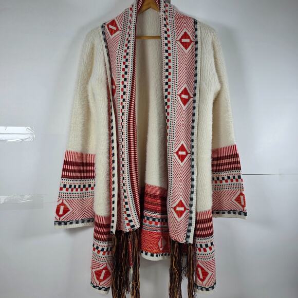 Maxsport Aztec Fringe Trim L Open Front Long Cardigan Sweater Southwestern Boho - Picture 3 of 12
